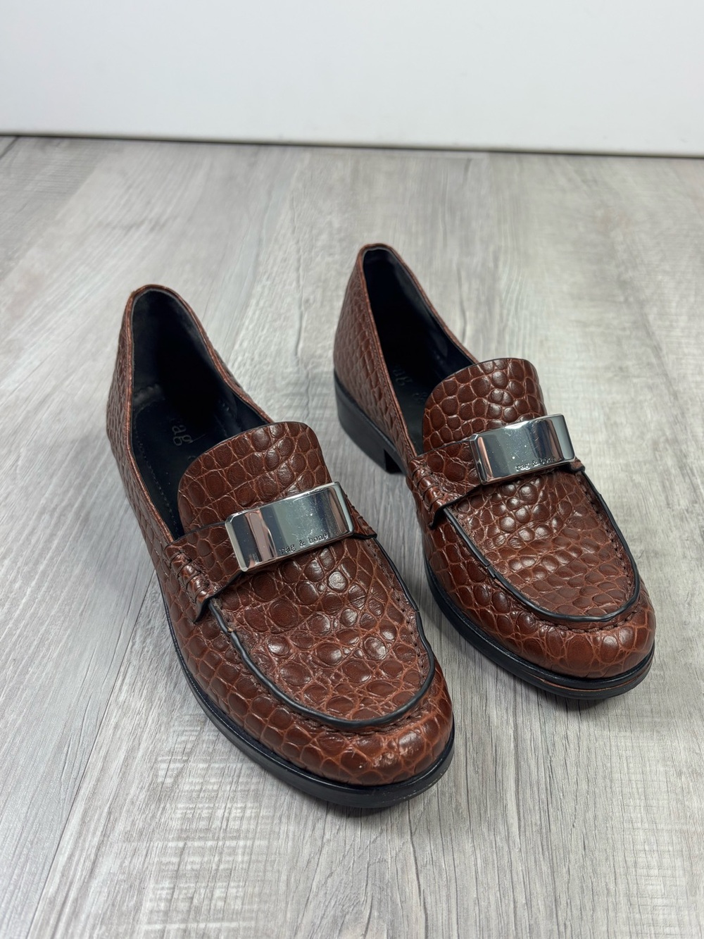 Rag & Bone Canter Loafer Croc Embossed Brown Leather Size 39.5